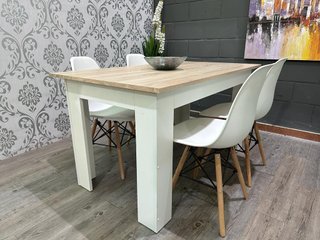Mesa Comedor Madera 140cm + 4 Sillas Blancas