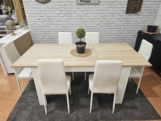 Mesa comedor extensible y 6 sillas blancas
