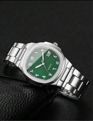 Reloj de pulsera plateado y verde