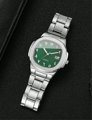 Reloj de pulsera plateado y verde