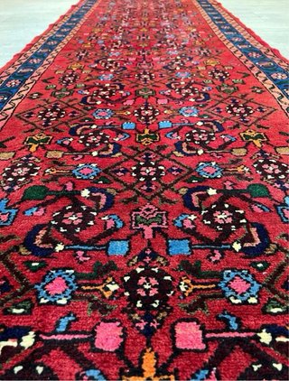 Alfombra persa de lana roja y azul