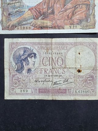 Lote Billetes Francia 5, 10, 20 Francos. Usados