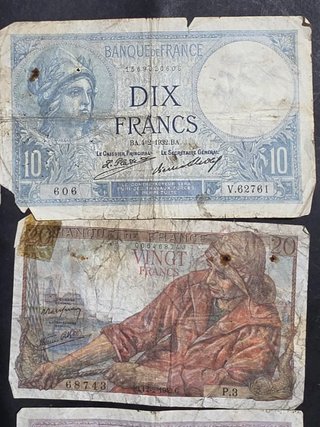 Lote Billetes Francia 5, 10, 20 Francos. Usados