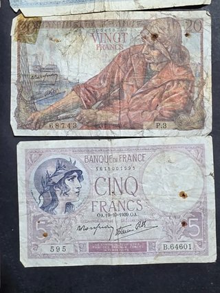 Lote Billetes Francia 5, 10, 20 Francos. Usados