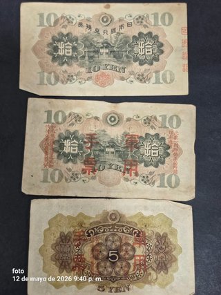 Lote 3 Billetes Japoneses 10 y 5 Yenes