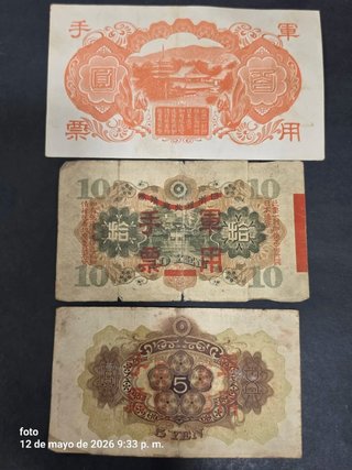 Lote 3 Billetes Japoneses 100, 10 y 5 Yenes