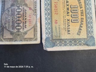 Lote 3 Billetes Grecia 5000, 1000, 500000 Dracmas