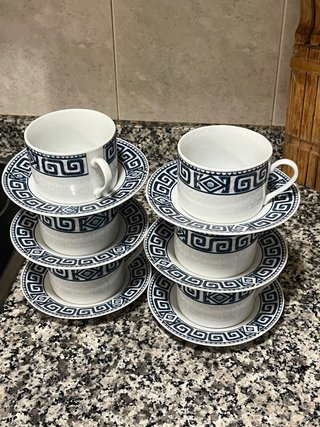 Set 6 Tazas Café Porcelana Azul Blanco