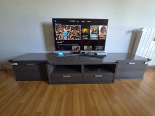 Mueble TV madera, metal y cristal