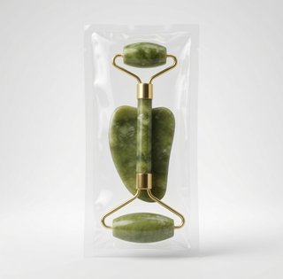 Kit rodillo facial y gua sha verde y dorado