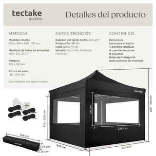 Pabellón para jardín de aluminio, 6 paneles laterales, 3x3 m, negro
