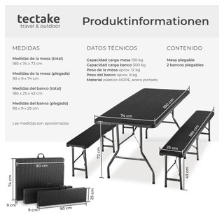 Juego de mesa y bancos de camping plegable imitación ratán