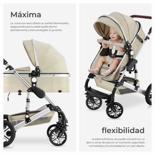 Carrito de bebé 2 en 1, plegable y con arnés de 5 puntos, gris/beige