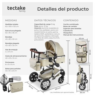 Carrito de bebé 2 en 1, plegable y con arnés de 5 puntos, gris/beige
