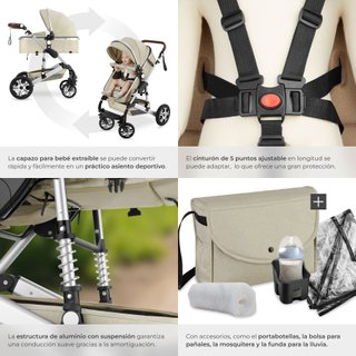 Carrito de bebé 2 en 1, plegable y con arnés de 5 puntos, gris/beige
