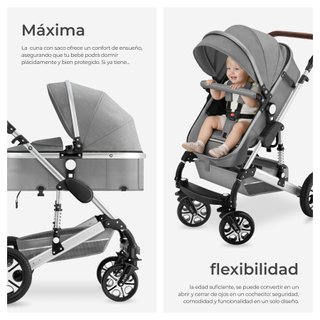 Carrito de bebé plegable, con diseño 2 en 1 y arnés de 5 puntos, gris