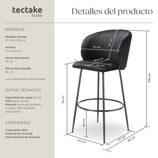 2 taburetes altos aterciopelados de 51 x 60 x 106 cm, negro/negro