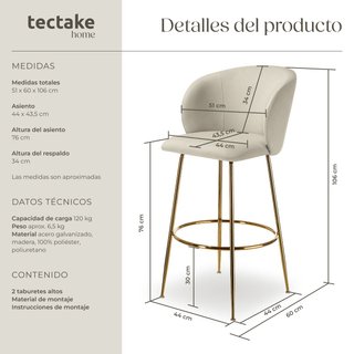 2 taburetes altos aterciopelados de 51 x 60 x 106 cm, crema/oro
