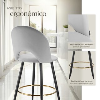 2 taburetes altos de terciopelado, respaldo y reposapiés, gris/negro
