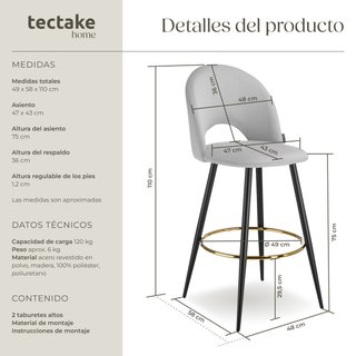2 taburetes altos de terciopelado, respaldo y reposapiés, gris/negro