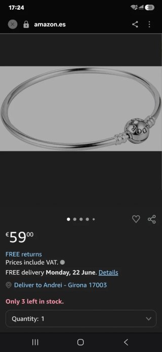 Pulsera Pandora Rígida 20cm Plata.