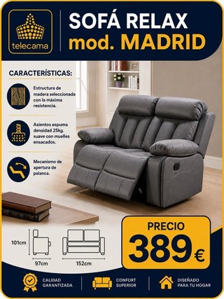 Sofá Relax Madrid 2 Plazas Telecama Gris