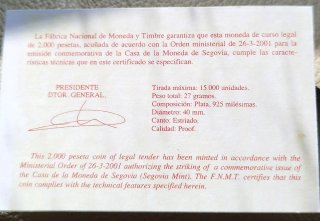 Escasa moneda de plata PROOF 2000 ptas 2001