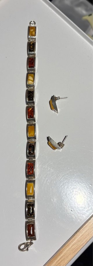 Pulsera y pendientes ámbar natural y plata