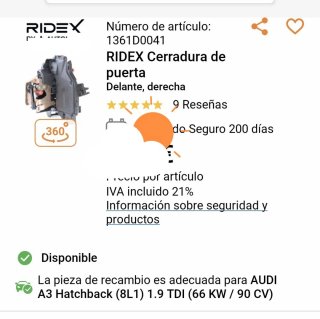 Cerradura Puerta Derecha Audi A3 (RIDEX)