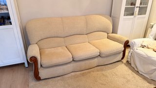 Sofá 3 plazas tela beige y funda turquesa