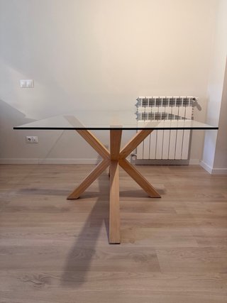 Mesa Comedor Cristal Patas Madera