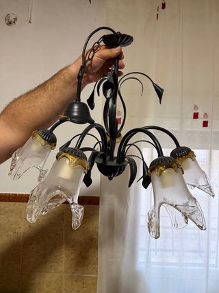 Lámpara de forja negra con tulipas de cristal