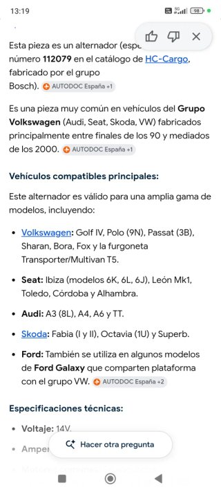 Alternador Bosch 112079 valido para varios modelos