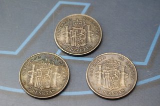 3 Monedas de 5 pesetas Alfonso XIII. 1888. Réplicas.
