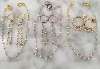 Conjunto Pulsera y Pendientes Perlas río, plata925