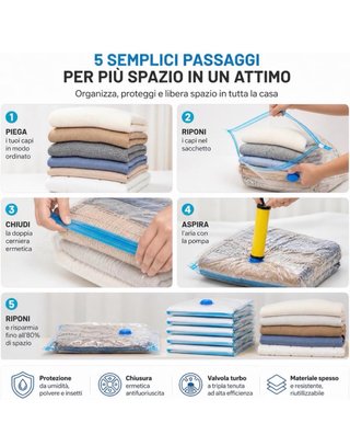 Set Sacchetti Sottovuoto Vestiti Viaggio + Pompa