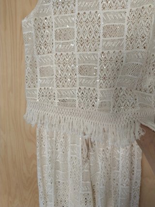 Conjunto beige pantalón y top crochet