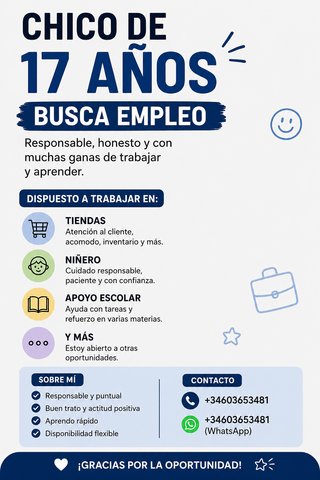 Chico de 17 años busca empleo (Tiendas, Niñero...)