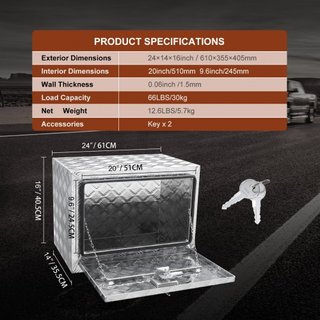 Caja de Camión Inferior, 61 x 35.6 x 40.6 cm Caja de Almacenamiento para Pickup, Caja de Herramientas de Aluminio de Placa de Diamante de Alta Resistencia con Cerradura y Llaves, Caja de Almacenam...