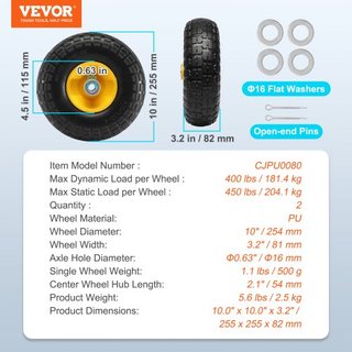 Neumático de Rueda Sólido PU Run-Flat Sin Aire Tubeless 25.4 cm 2-Pack 181.4 kg