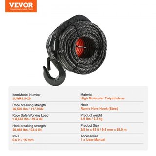 Cuerda de Winch Sintética, 9.5 mm x 25.91 m Cuerda de Cable de Winch Sintético de 12,020 kg con Manga Protectora + Gancho de Winch Forjado + Correa de Tirón, Ajuste Universal para SUV, Vehículo To...