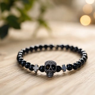 Pulsera Calavera y Cruz con Piedra Natural. Acero