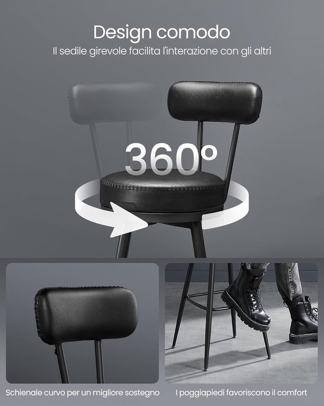 Conjunto de 2 Sillas de Cocina, Taburetes de Bar Giratorios con Respaldo, Sillas de Cocina, Tapizado con Costura, Moderno de Mitad de Siglo, Altura 65 cm, Negro Tinta