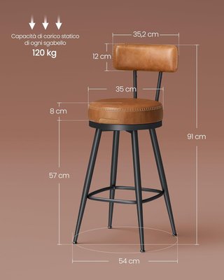 Set di 2 Sgabelli da Cucina, Sgabelli Girevoli con Schienale, Sedie da Cucina, Imbottitura con Cuciture, Stile Moderno Anni '50, Altezza 65 cm, Marrone Caramello