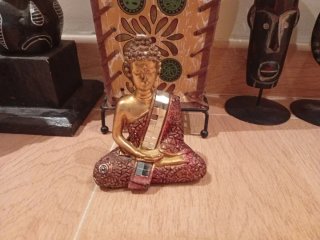 Decoración madera máscaras buda porta vela lámpara