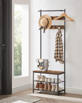 Perchero de Entrada con Banco Zapatero, Perchero con 9 Ganchos Extraíbles y Barra para Colgar, 32,2 x 64 x 180 cm, Dormitorio, Industrial, Marrón Vintage y Negro HSR411B01