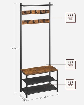 Perchero de Entrada con Banco Zapatero, Perchero con 9 Ganchos Extraíbles y Barra para Colgar, 32,2 x 64 x 180 cm, Dormitorio, Industrial, Marrón Vintage y Negro HSR411B01
