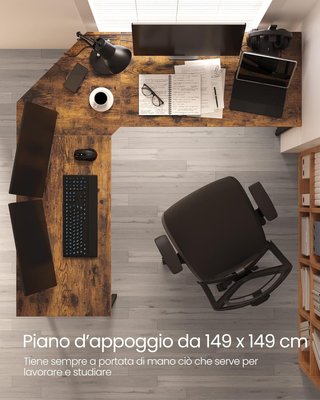Escritorio Esquinero, Escritorio para Computadora en Forma de L, 149 X 149 X 76 Cm, para Oficina Estudio Gaming, Marrón Vintage y Negro Tinta LWD73X