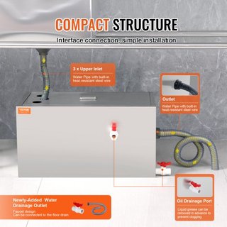 Trampa de Grasa Comercial, Interceptor de Grasa de 11.3 kg, Interceptor de Entrada Superior, Trampa de Grasa de Acero Inoxidable Bajo Fregadero, Separador de Agua Residual de 6.4 GPM, para Restaur...