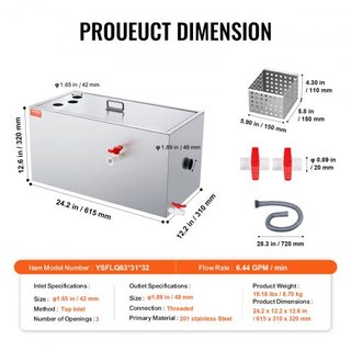 Trampa de Grasa Comercial, Interceptor de Grasa de 11.3 kg, Interceptor de Entrada Superior, Trampa de Grasa de Acero Inoxidable Bajo Fregadero, Separador de Agua Residual de 6.4 GPM, para Restaur...